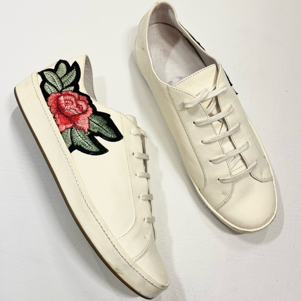 Joie Daryl Leather Floral Shoes Embroidered Rose Flower Ivory Size 38.5 /8.5